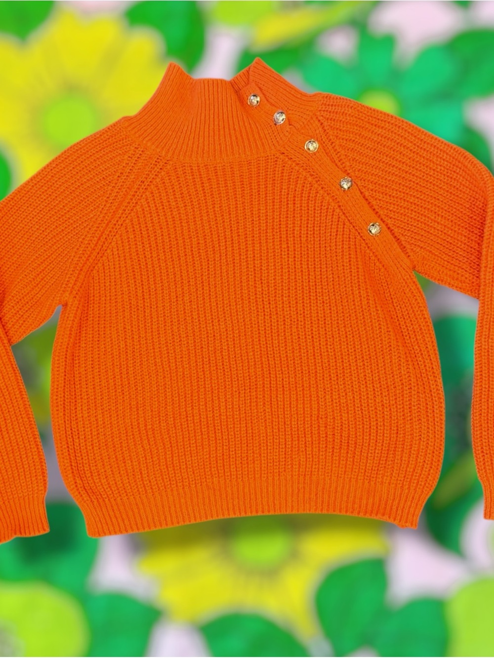 Bright Orange Button-Shoulder Turtleneck Sweater
